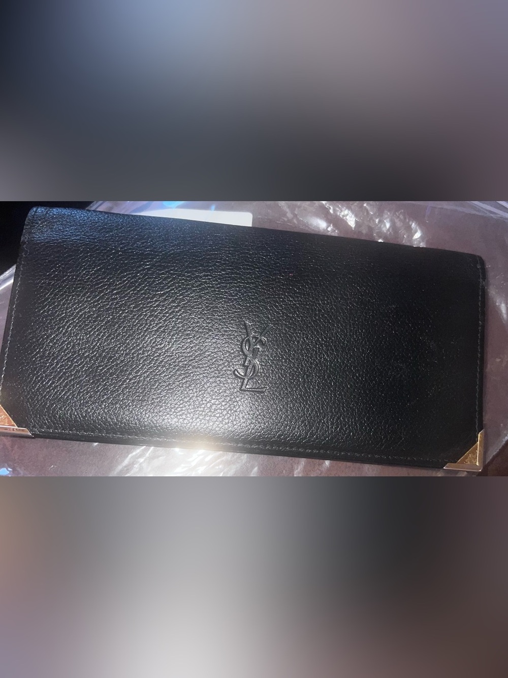 Yves Saint Laurent Black Leather Continental Wallet with Gold Corners